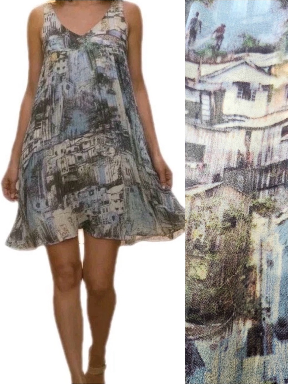 Tracy Reese 100% Silk Chiffon Sleeveless Babydoll Dress City Scape Blue Size P S
